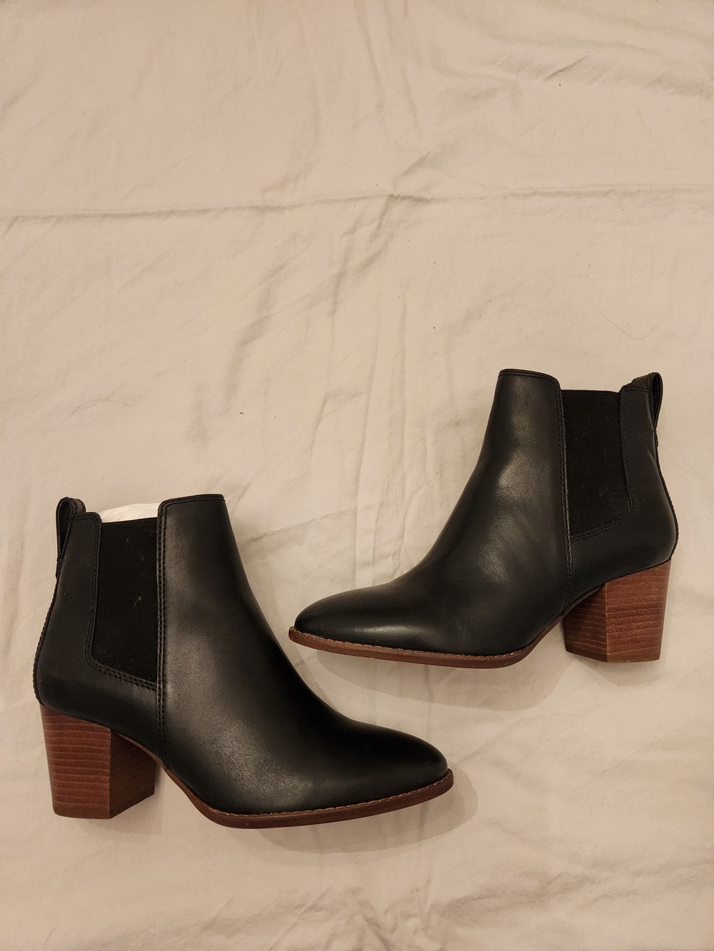 Madewell Black Leather Chelsea Ankle Boots with Brown Stacked Heel